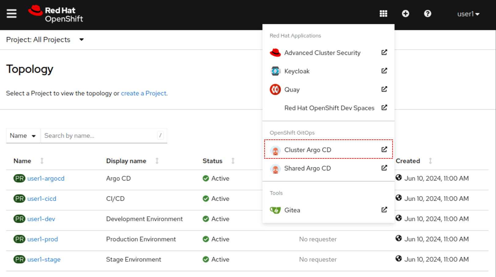 openshift app menu cluster argocd