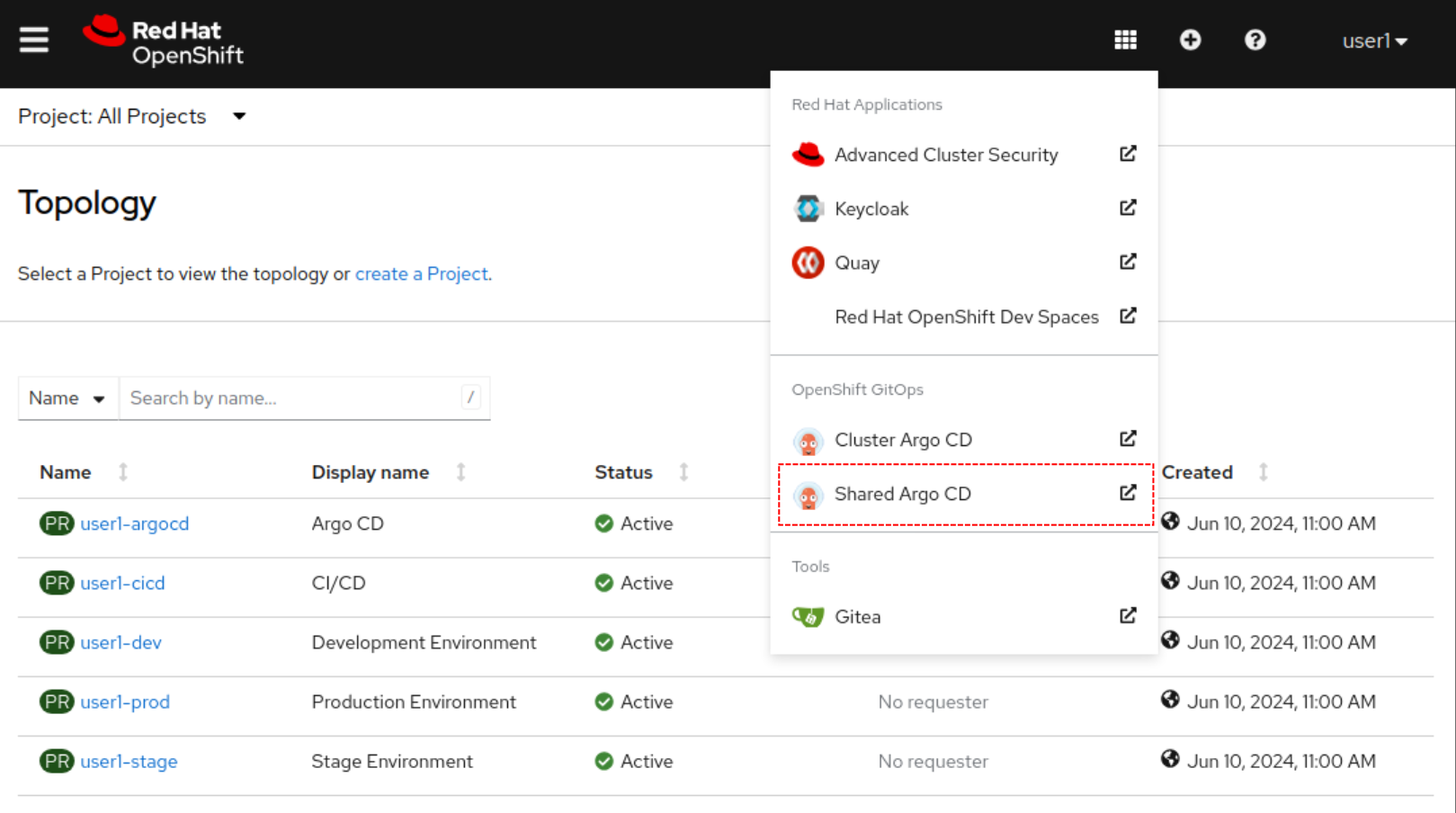 openshift app menu shared argocd